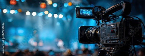 Professional Video Camera Recording a Live Event with Bokeh Lights