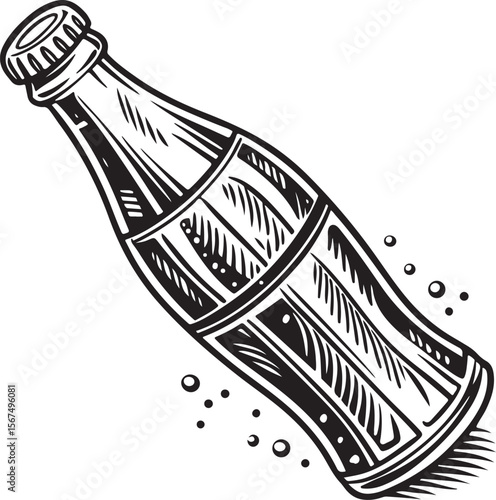 Vintage Soda Bottle Vector – Black and White Hand-Drawn Engraved Illustration of Retro Glass Drink