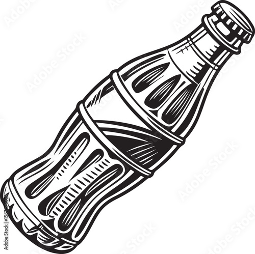 Vintage Soda Bottle Vector – Black and White Hand-Drawn Engraved Illustration of Retro Glass Drink