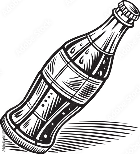 Vintage Soda Bottle Vector – Black and White Hand-Drawn Engraved Illustration of Retro Glass Drink