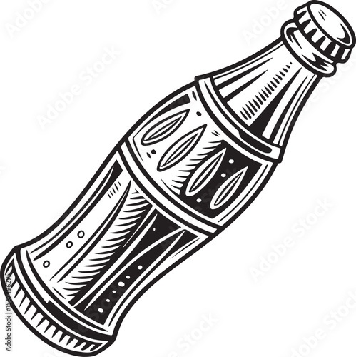 Vintage Soda Bottle Vector – Black and White Hand-Drawn Engraved Illustration of Retro Glass Drink