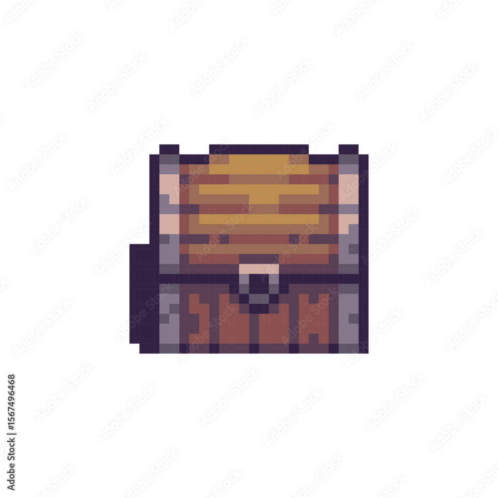 Obraz premium Pixel art of a closed wooden treasure chest with metal reinforcements, loot containers or objects in 2D games.
