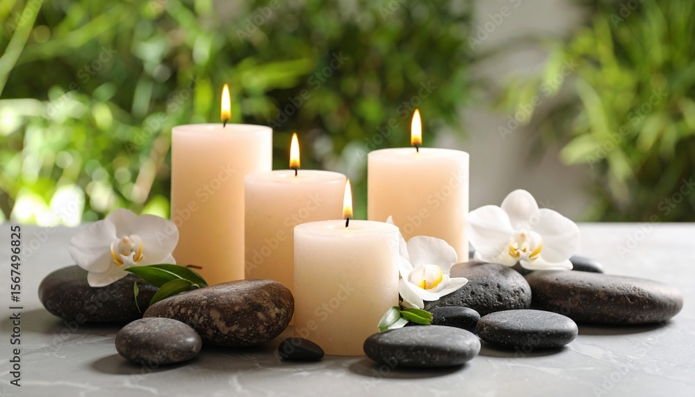 Obraz premium Serene Spa Setting: Candles, Orchids, and Stones