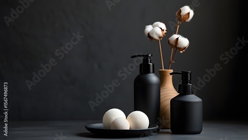 Minimalist bathroom decor black soap dispenser cotton flowers bath bombs spa aesthetic
