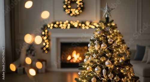 Cozy Christmas Tree Festive Holiday Home by fireplace