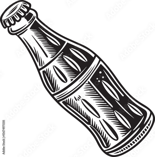 Vintage Soda Bottle Vector – Black and White Hand-Drawn Engraved Illustration of Retro Glass Drink