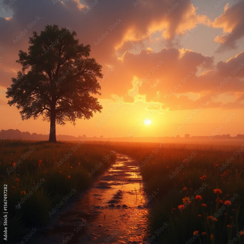 Fototapeta premium Misty Golden Sunrise Over a Lone Tree