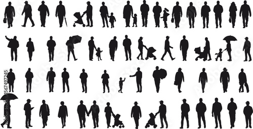 Silhouette people walking, standing, pushing strollers, holding umbrellas, various poses, men, women, children, casual walking vector illustration set isolated