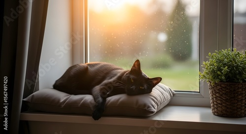 Black Cat Peaceful Lying on Windowsill in Sunset Glow