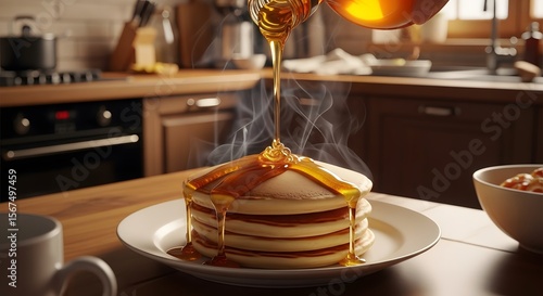 Pancakes Stacked Cozy Pouring Syrup in Warm Kitchen