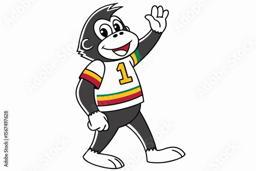 Grinning cartoon monkey sports baseball cap, jersey, sneakers while walking slowly, isolated on white