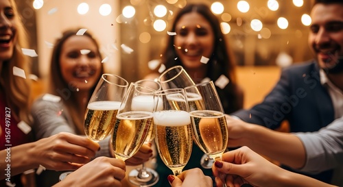  Group of friends joyful toasting with champagne and falling confetti indoors