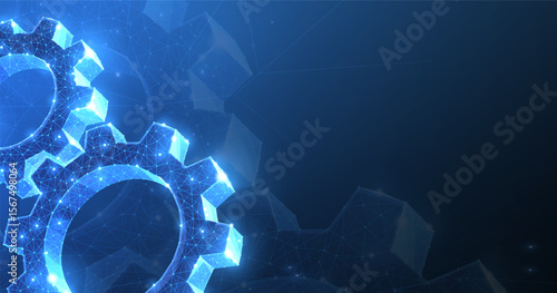Gears. Abstract vector wireframe two gear 3d modern illustration on dark blue background.