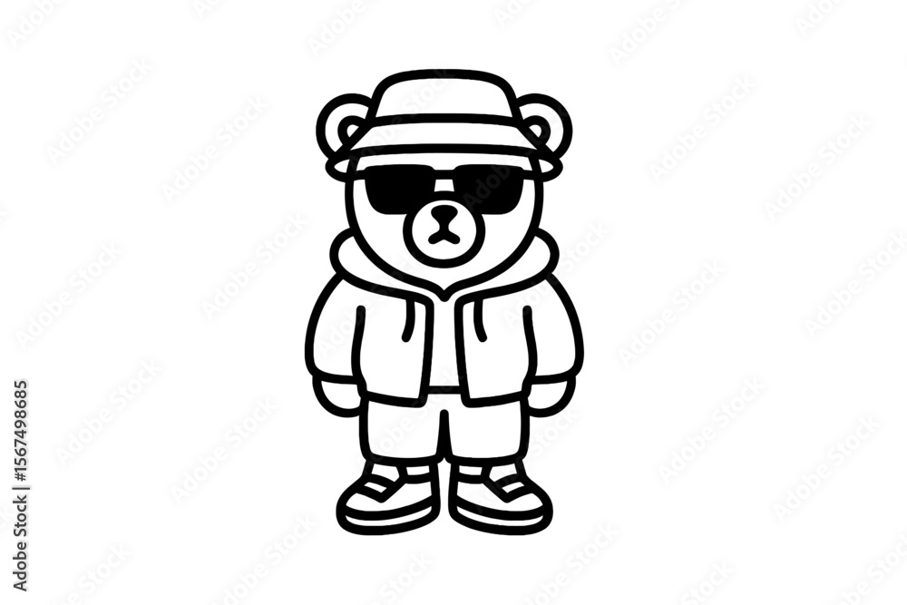 Stylish bear character wearing sunglasses and casual clothing stands confidently against a simple background Stylish bear character wearing sunglasses and casual clothing stands confidently against a simple background