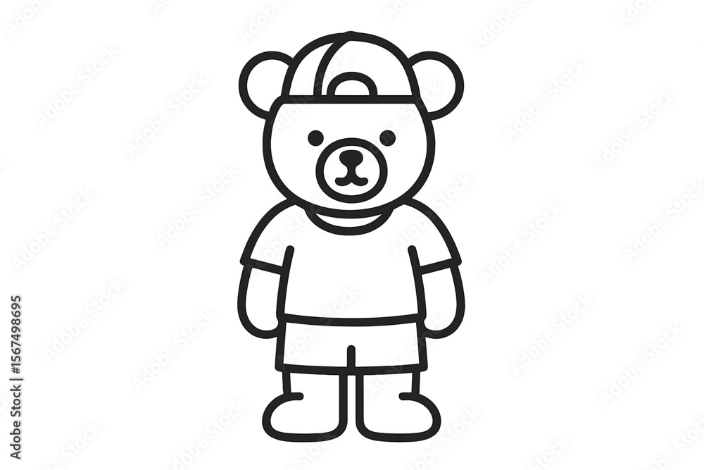 Cartoon teddy bear character stands confidently wearing casual attire and a cap in a simplistic design setting Cartoon teddy bear character stands confidently wearing casual attire and a cap in a simplistic design setting