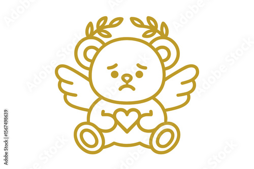 Cute teddy bear character with wings and a heart, expressing sadness in a minimalist design