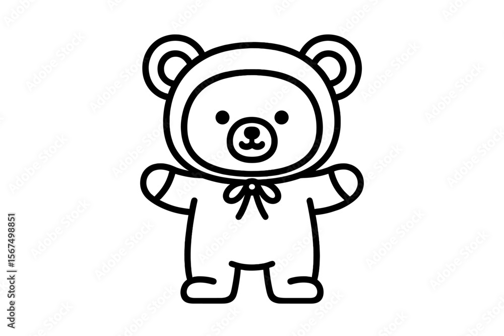 Cute bear character wearing a hoodie stands with outstretched arms in a playful pose, designed for children's illustrations and cartoons Cute bear character wearing a hoodie stands with outstretched arms in a playful pose, designed for children's illustrations and cartoons