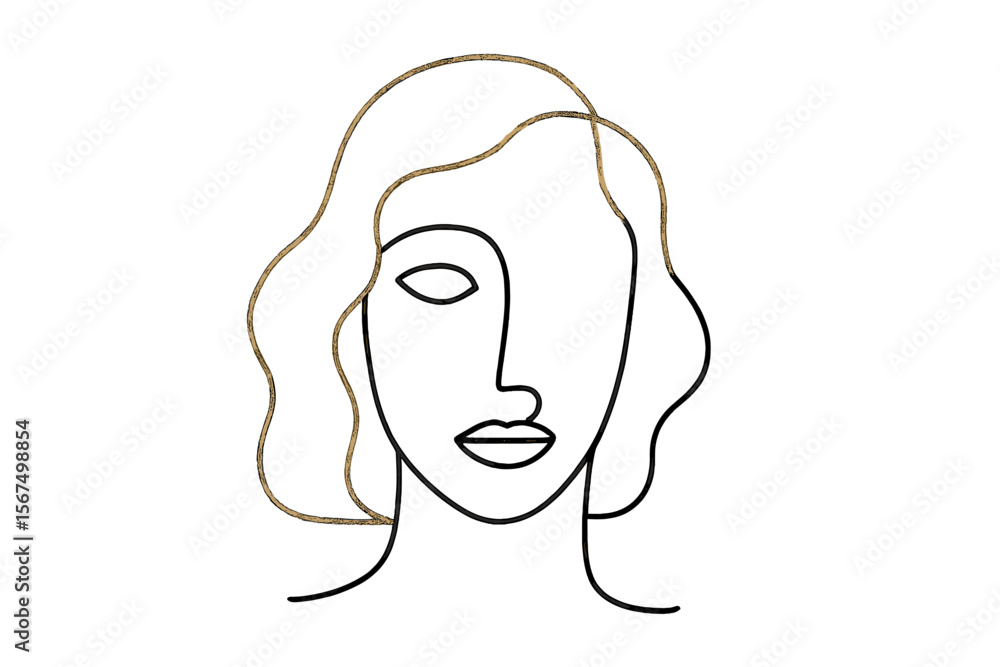 Abstract line art design showcasing a woman's face with flowing hair made of gold and black lines, emphasizing simplicity and elegance Abstract line art design showcasing a woman's face with flowing hair made of gold and black lines, emphasizing simplicity and elegance