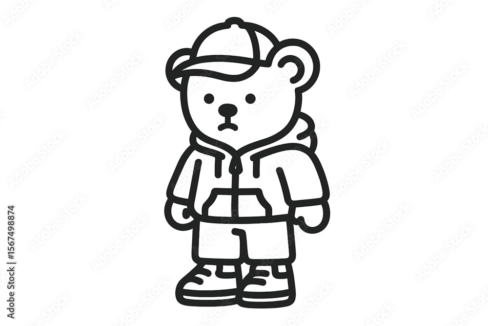 Cute bear character wearing a hoodie and cap stands confidently with a stylish look in a casual urban setting Cute bear character wearing a hoodie and cap stands confidently with a stylish look in a casual urban setting