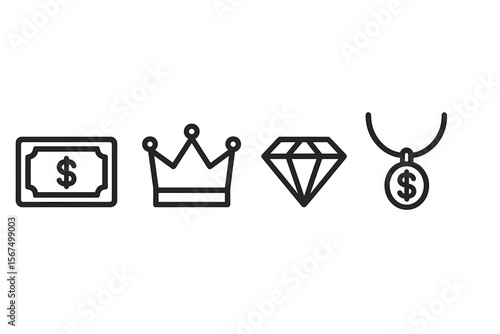 Symbols of wealth and luxury displayed in a minimalist style emphasizing financial prosperity and opulence