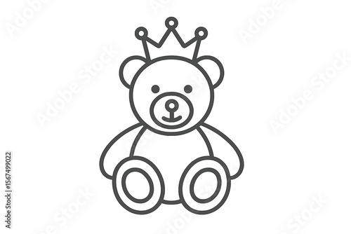 Cute teddy bear wearing a crown sitting on a flat surface in simple outline design