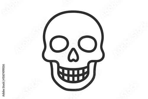 Simple outline of a skull in black, featuring large eye sockets and a toothy grin, suitable for various design uses