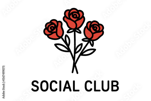 Floral logo design featuring three red roses for a social club identity and branding in a modern style