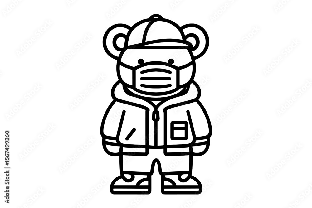 Creative cartoon bear character wearing a mask and casual clothing in a playful urban setting Creative cartoon bear character wearing a mask and casual clothing in a playful urban setting