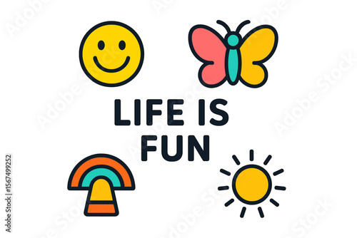 Bright and cheerful design promoting joy and positivity with icons of smiley face, butterfly, rainbow, and sun