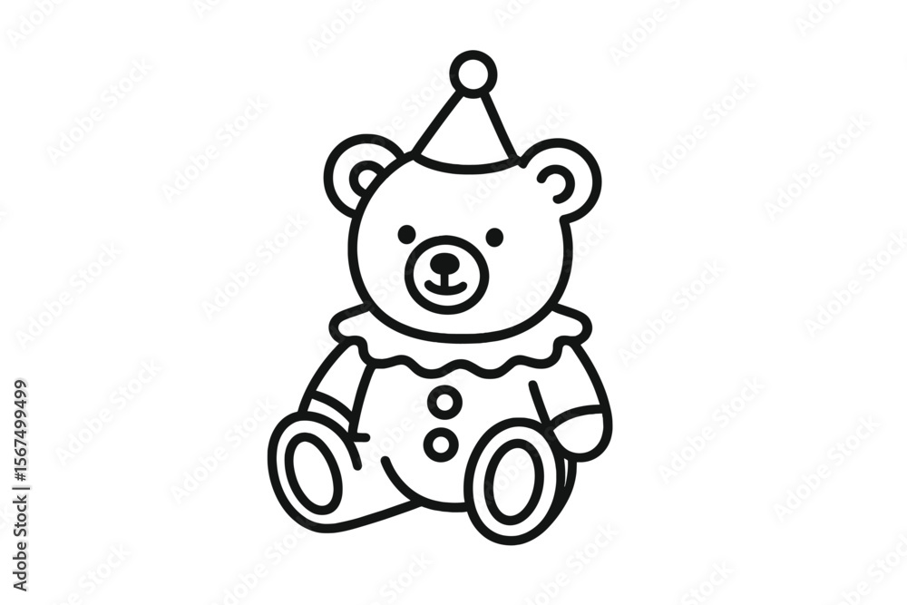 Cute clown teddy bear wearing a party hat and colorful costume sitting upright on a plain background Cute clown teddy bear wearing a party hat and colorful costume sitting upright on a plain background
