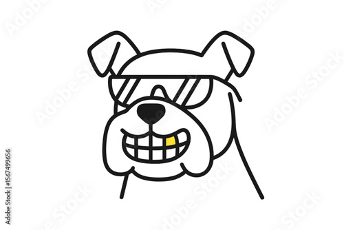Cool bulldog wearing sunglasses with a toothy grin showing at a fun outdoor gathering