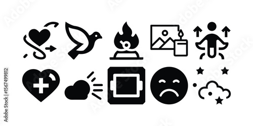 Spiritual and Emotional Icons for Dia dos Finados – Silhouette, Line Art Vector Icon Set