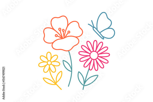 Wallpaper Mural Colorful line drawing of floral elements and butterfly in a whimsical style showcasing nature's beauty and vibrancy Torontodigital.ca