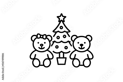 Cute teddy bears with a small Christmas tree in a festive display ready for holiday celebrations