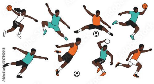 Diverse group of people engaged in various sports activities, depicted in dynamic poses.