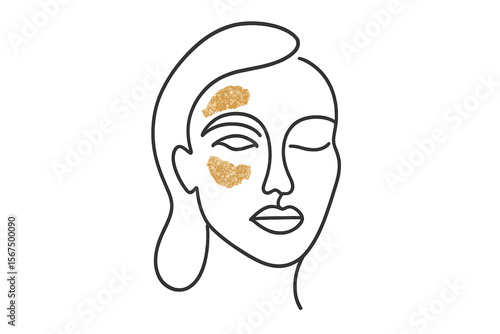 Outline of a woman's face with golden glitter on cheek captures beauty and elegance in a minimalist art style, ideal for modern decor