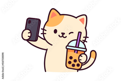 Cute cartoon cat taking a selfie while enjoying a bubble tea beverage in a cheerful setting