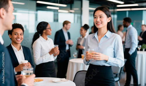 Successful businesswoman attending a corporate networking event with diverse colleagues in a modern office setting