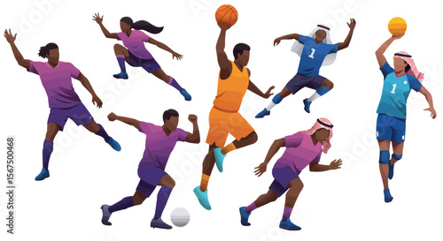 Diverse athletes in action, playing basketball, soccer, and volleyball.