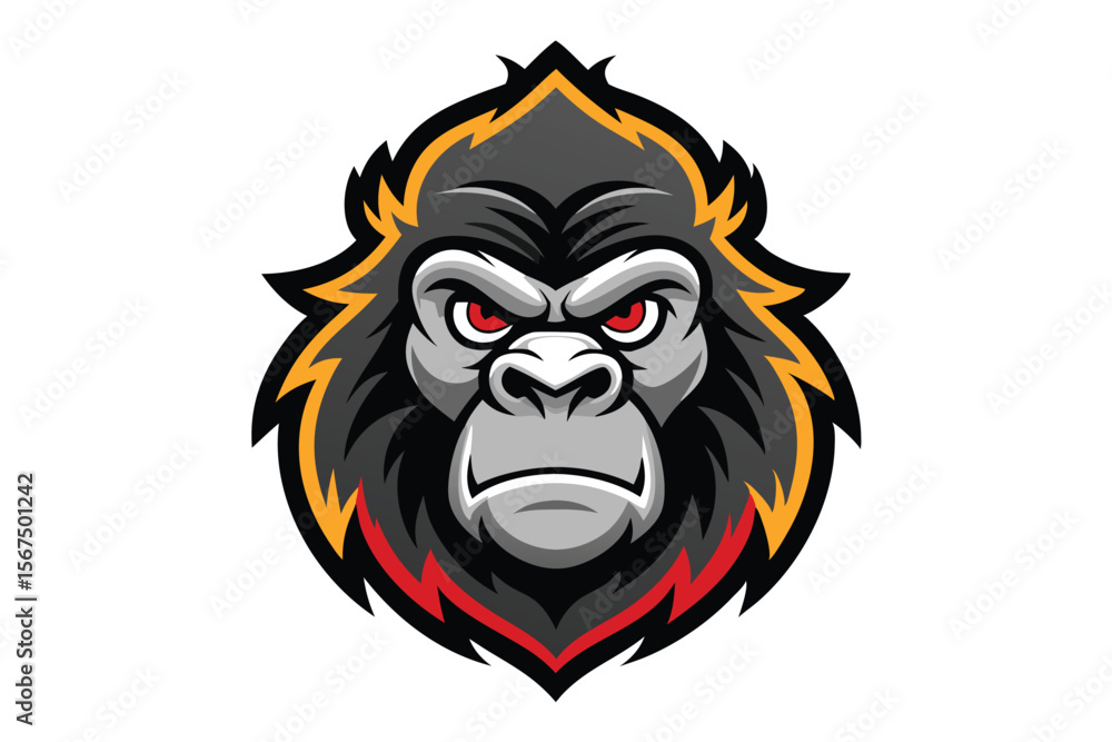 Fototapeta premium Fierce gray gorilla head shows intense red eyes and determined expression