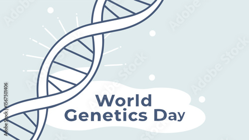 Modern minimalist illustration: DNA double helix, pale blue background, World Genetics Day theme; clean lines, subtle ray burst, copy space; perfect for healthcare, science, education.