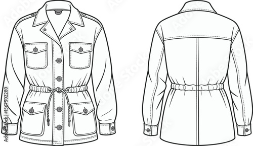 Flat Vector CAD Drawing Shirt Jacket With Waist Drawstring Four Pockets Button Placket Cuff Detail Back Yoke Technical Sketch