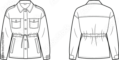 Flat Vector CAD Drawing Shirt Jacket With Drawstring Waist Front Pockets Button Placket Cuff Detail Back Yoke Technical Sketch