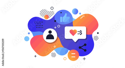 Social media engagement: likes, shares, and user profile icon displayed within an abstract, colorful design.