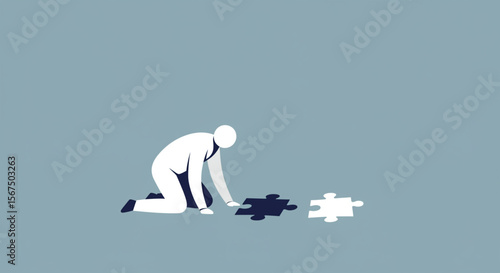A figure kneels, reaching for a puzzle piece, with another piece nearby, against a plain background.