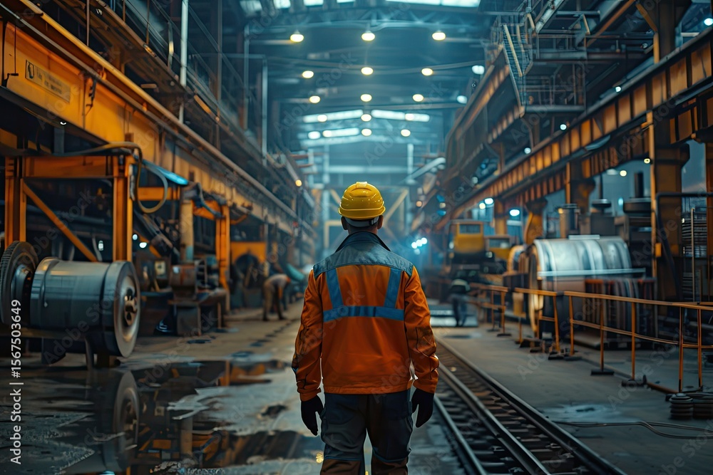 Industrial Engineer in Safety Jacket Walking Through Manufacturing Factory Industrial Engineer in Safety Jacket Walking Through Manufacturing Factory