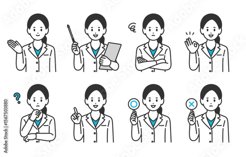 いろいろな表情･ポーズをする女性医師のセット【人物ベクターイラスト素材】