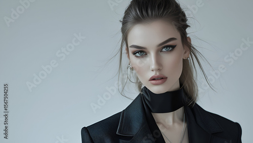 a stylish young woman with a cool, intense gaze, minimal expression, modern fashion