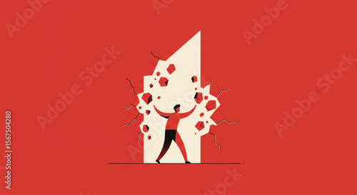 A determined man breaks through a crumbling wall, symbolizing overcoming obstacles and achieving success.