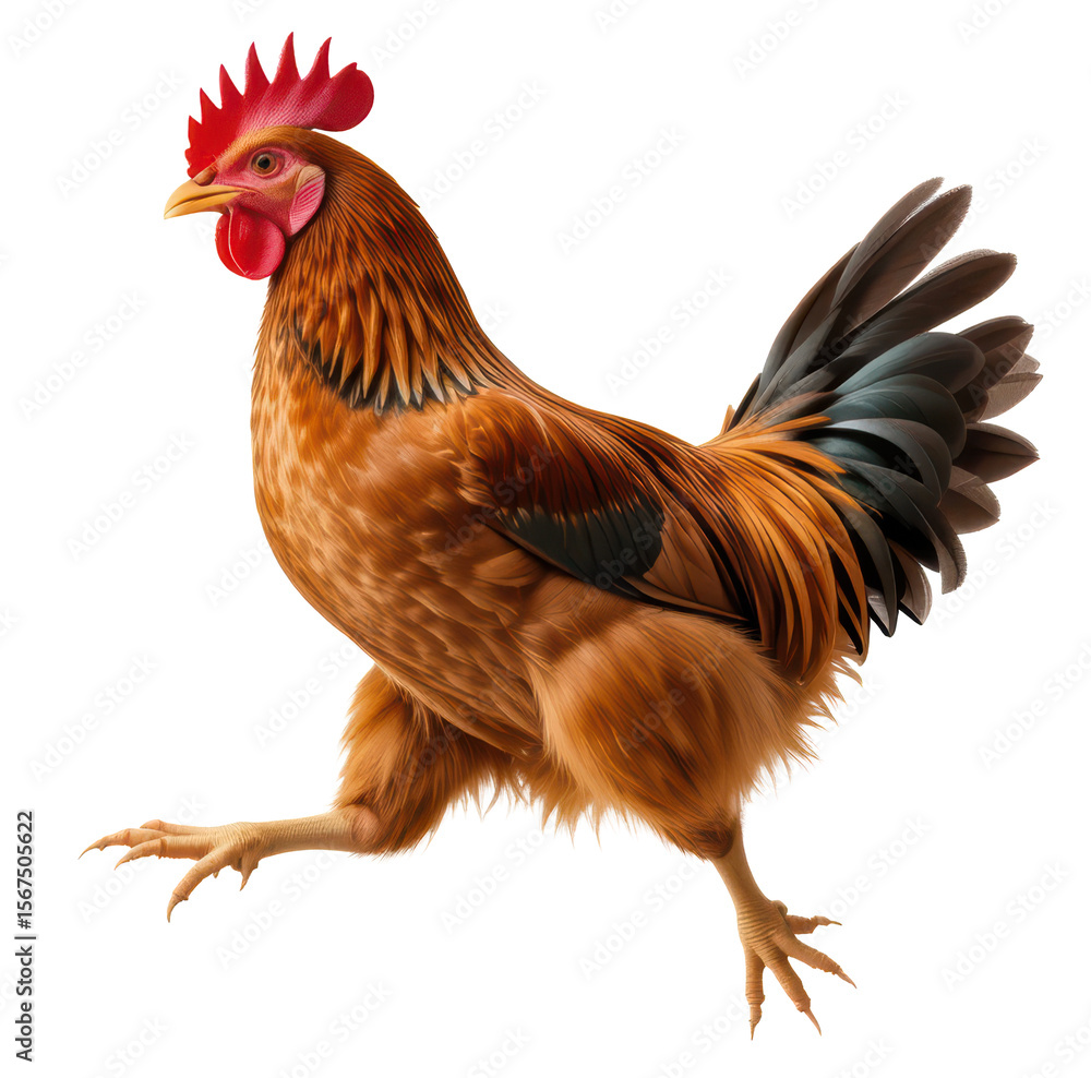 Fototapeta premium Chicken hen jumping isolated on transparent background. 